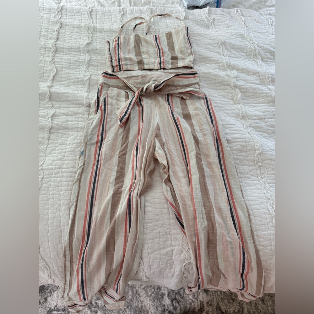 Striped Tie-Waist Wide-Leg Jumpsuit in Cream and Coral